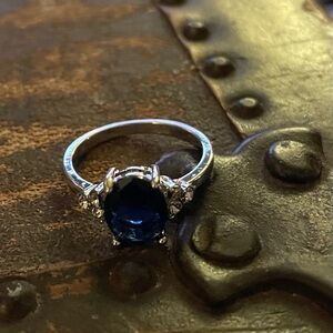 Silver Ring with Sapphire Blue and Clear Stones Size 7 3/4